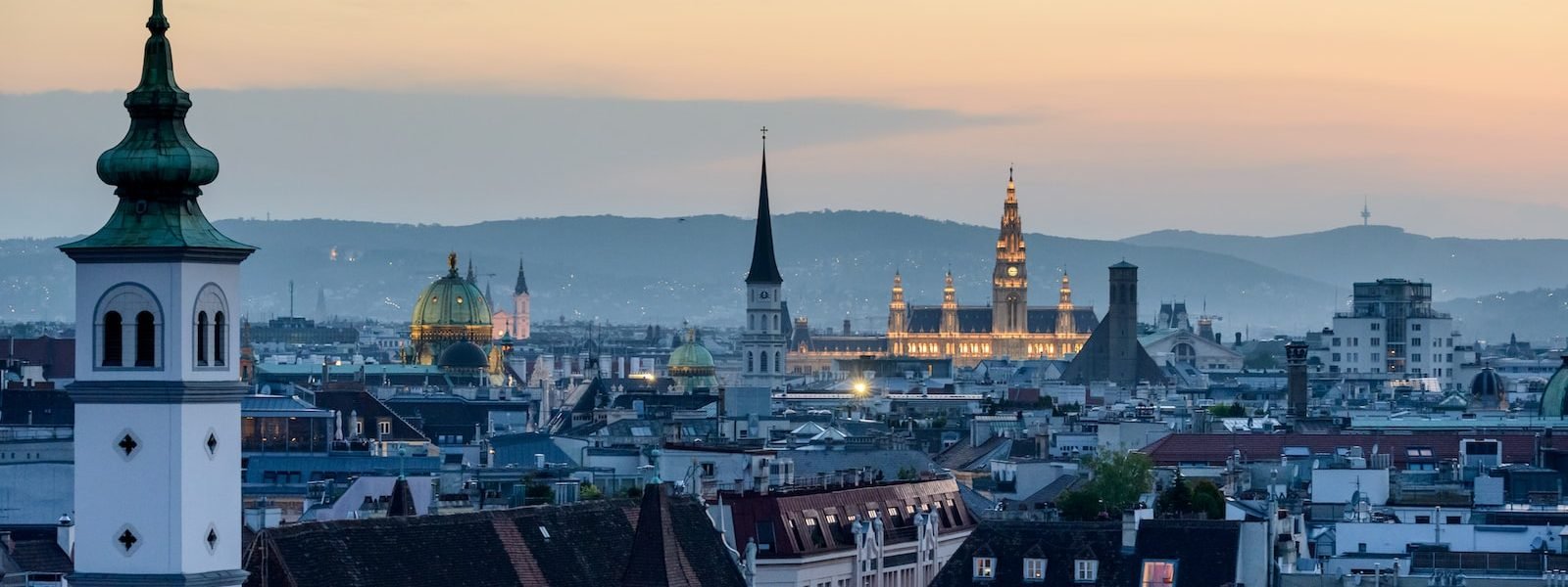 aerial view of a city during sunset