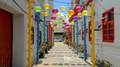 Lanterns Hanging over Alley in Town