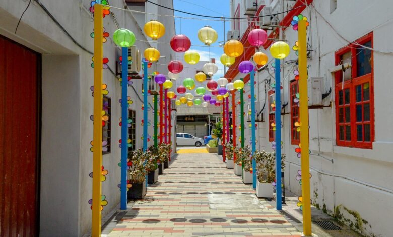 Lanterns Hanging over Alley in Town