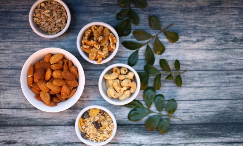 Assorted Nuts in White Ceramic Bowls