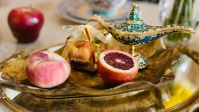 Fruits And Gift On Golden Tray