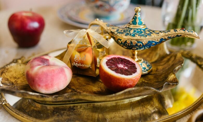 Fruits And Gift On Golden Tray