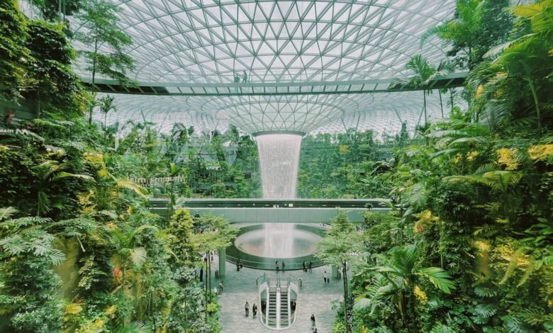 a view of the inside of a building with a fountain