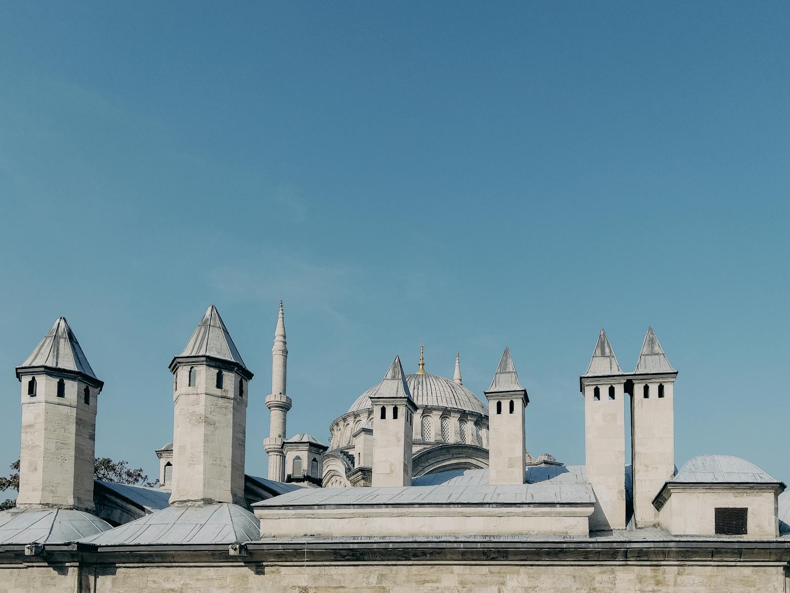 Elegant architectural shot of the historic Süleymaniye Mosque against a clear blue sky in Istanbul.