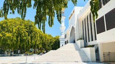 A mosque in Maldives with striking architecture surrounded by lush green trees under a bright sky.