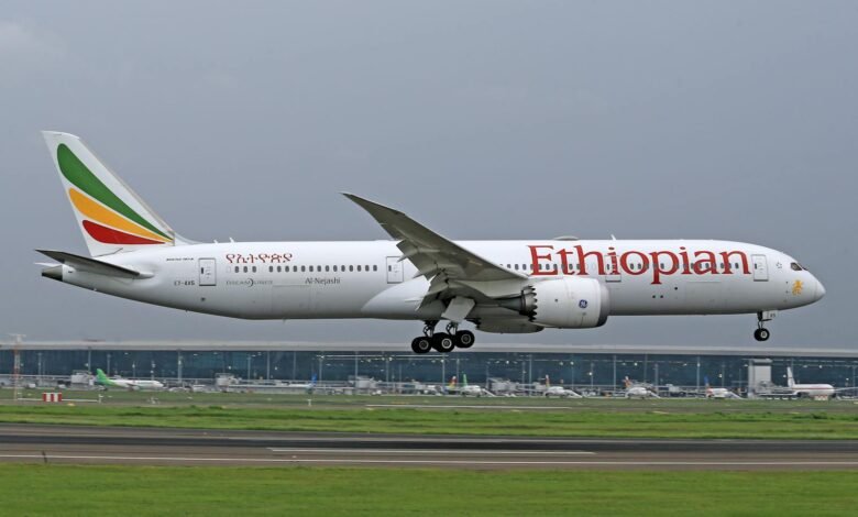 Ethiopian Airlines Boeing 787 Dreamliner lands smoothly on a runway.