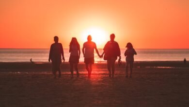 silhouette photo of five person walking on seashore during golden hour