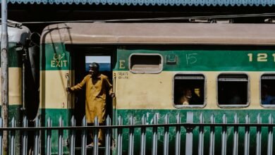 woman in brown coat standing beside green train