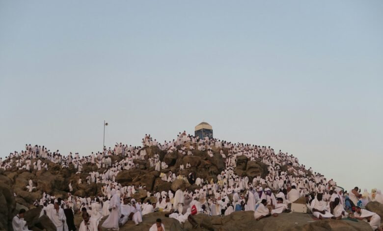 a large group of people sitting on top of a rocky hill