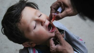 a little boy getting his teeth brushed by an adult